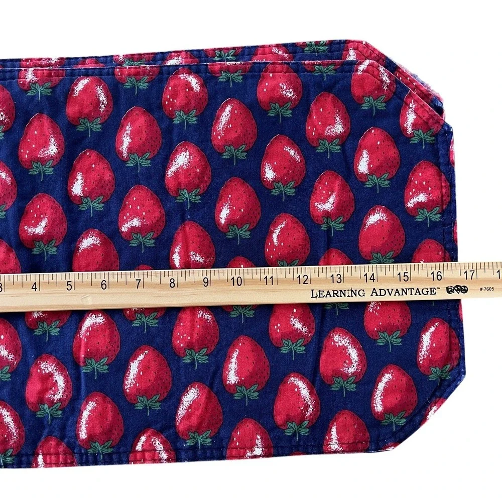 Vintage Strawberry Print Red & Navy Quilted Table Placemats LOT Of 4